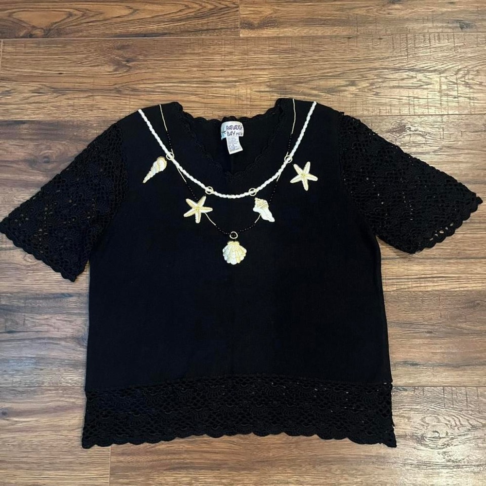 Vintage Black Sweater‎ Crochet Beaded Short Sleeve Coastal Cowgirl Retro Beach